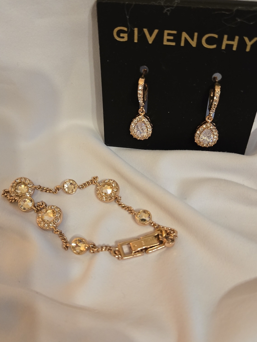 Givenchy Gold Crystal Teardrop Earrings with Matching Station Bracelet - Picture 6 of 12